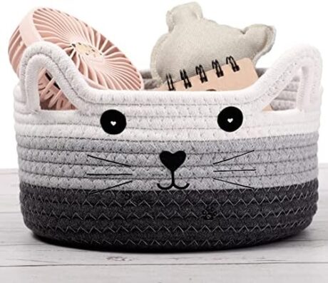 Zopeal Cat Storage Basket Woven Organizer with Ears Decorative Pet Toy Cute Bin Cotton Rope Basket for Gift Cat Dog Toy Container Nursery Room(8.3 x 4.7 Inch,White, Light Gray and Gray)