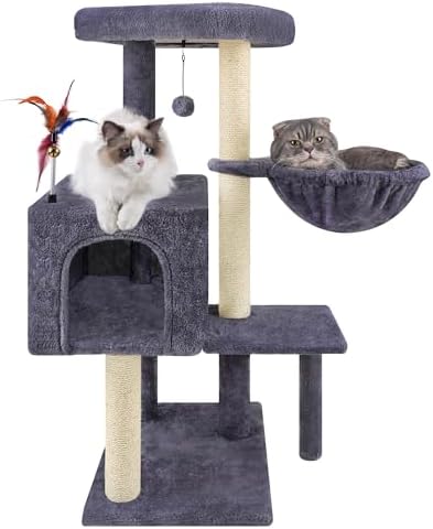 35.4'' Multifunction Cat Tree with Cozy Hammock & Hanging Ball, Cat Tower with Activity Cat Condo & Jute-Covered Scratching Posts, Grey