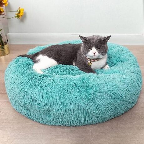 Cat Beds for Indoor Cats - Cat Bed Washable 20/24 inches, Dog Beds for Small Medium Dogs, Anti Anxiety Round Fluffy Plush Faux Fur Pet Bed, Thick Bottom (Blue, Medium)