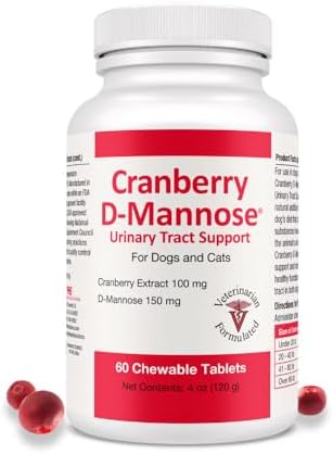 Cranberry D-Mannose Urinary Tract Supplement for Dogs & Cats – Bladder & UTI Health Support – Cranberry Extract, D-Mannose & Vitamin C–Promotes Urinary Wellness & Kidney Function – 60 Chewable Tablets