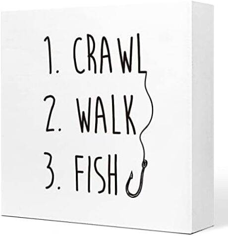 Crawl Walk Fish Rustic Wooden Sign Desk Decor,Funny Baby Fishing Wood Block Sign Desk Decorations for Home Bedroom Baby Room Desk Shelf Table Decor
