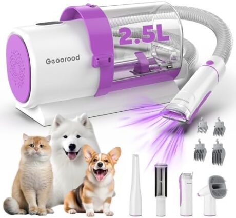 Dog Grooming Vacuum Kit, 2.5L Dust Cup Pet Grooming with Clippers for Dogs Cats Hair Shedding Brush at Home Purple