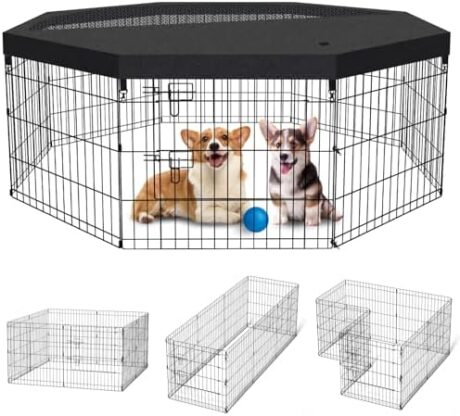 Dog Pen Pet Playpen Dog Fence Indoor Foldable Metal Wire Exercise Puppy Play Yard Pet Enclosure Indoor Outdoor 8 Panels 24 Inch with Bottom Pad/Top Cover (Black with top Cover)