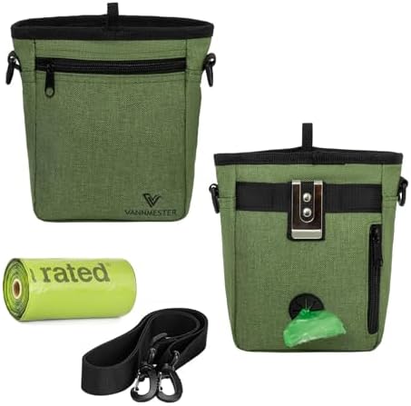Dog Treat Pouch with Stronger Magnetic Closure Dog Treat Pouch 4 Cup Front Pocket fits All Phones Built-in Poop Bag Dispenser (Green)