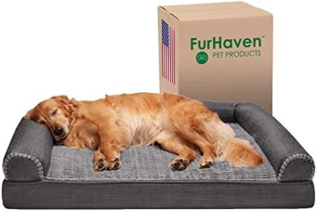 Furhaven Orthopedic Dog Bed for Large Dogs w/ Removable Bolsters & Washable Cover, For Dogs Up to 95 lbs - Luxe Faux Fur & Performance Linen Sofa - Charcoal, Jumbo/XL