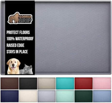 GORILLA GRIP 100% Waterproof Raised Edge BPA Free Silicone Pet Feeding Mat, Dog Cat Food Mats Contain Spills Protects Floors, Placemats for Cats and Dogs Water Bowl, Pets Accessories 18.5x11.5 Gray