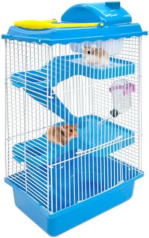 Hamiledyi Portable Hamster Cage, 3 Floors Hamster Habitat Small Animal Critter Enclosure with Bedroom Kettle Track Food Box Slide etc Mice Habitat Gerbil House for Hamsters or Other Tiny Pets (Blue)