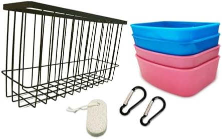 Hay Feeder for Rabbit Guinea Pig Chinchilla Small Animal Bunny Hanging Feeder for Cage Heavy Duty Metal Rack Timothy Veggie Holder (hay feeder*1 + food water cage cup *4 + Pet Teeth Grinding Stone*1)