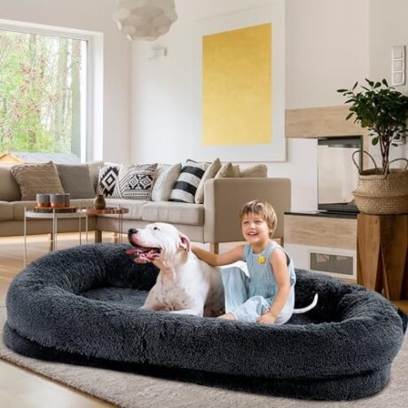 Human Dog Bed, 67" x 38" x 12" Giant Dog Bed for Adult and Pets, Large Animal and Human Bed, Faux Fur Fluffy Dog Bed for People, Human Sized Dog Bed with Removable Washable Cover and Anti-Slip Base