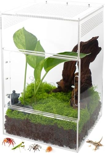 Jumping Spider Enclosure - Acrylic Terrarium Habitat for Spiders, Tarantulas, Snail, Mantis, Lizard, and Small Reptiles, Dual Sliding Doors (5.7x5.7x9 inch)