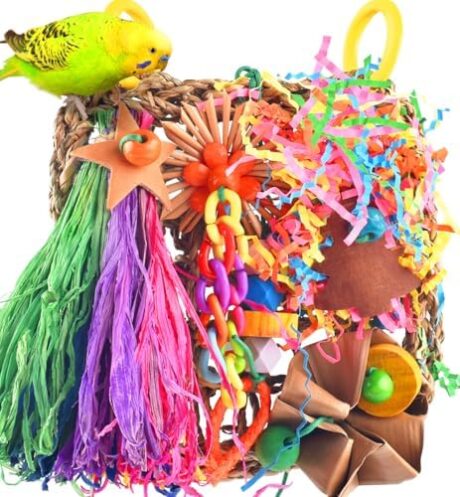 KATUMO Conure Toys, Bird Grass Mat Parakeet Shredder Hanging Toy Cockatiel Foraging Entertainments Parrot Climbing Wall Chewy Lovebird Cage Playthings for Small to Medium Birds
