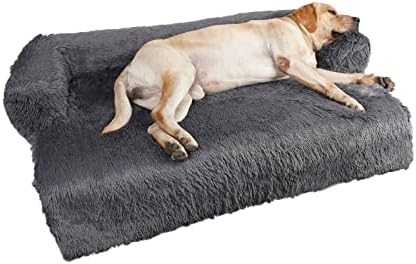 Large Washable Removable Calming Dog Bed,Fluffy Plush Dog Couch Bed,Couch Cover for Dogs with Dogs Landing Furniture Protector,Dog Beds for Large Dogs and Cats.(L(41x37x6),Dark Grey)