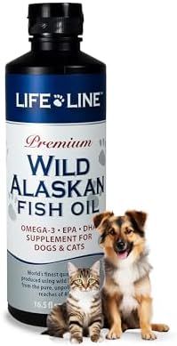 Life Line Pet Nutrition Wild Alaskan Fish Oil Omega-3 Supplement for Skin & Coat – Supports Brain, Eye & Heart Health in Dogs & Cats, 16.5oz