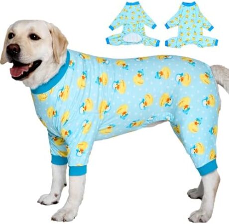 LovinPet Big Dog Wound Care/Surgery Recovery Shirt, Pet Anxiety Shirt, Lightweight Stretchy Knit Fabric, Rubber Ducks with Hats Blue Print Dog Pjs, Weimaraner Pajamas, Pet PJ's/Medium