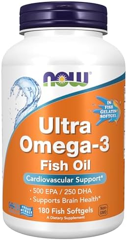NOW Foods Supplements, Ultra Omega-3, 500 EPA and 250 DHA, Cardiovascular Support*, 180-Fish Gelatin Softgels