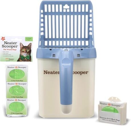 Neater Pets Neater Scooper Standard Cat Litter Scoop, 60 Refill Bags – Mess-Free Cat Litter Scooper with Bag, Spill-Proof Kitty Box Sifter, Bin Doubles as Poop Shovel Holder, For Single-Cat Households