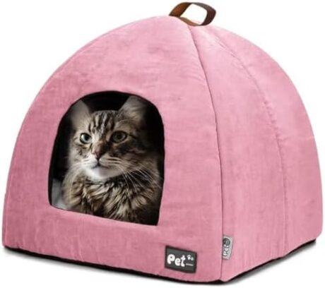 Premium Cat Bed for Indoor Cats and Small Dogs - Cave, Covered Tent, Kitten Hut With Cushioned Pillow (Large, Pink)