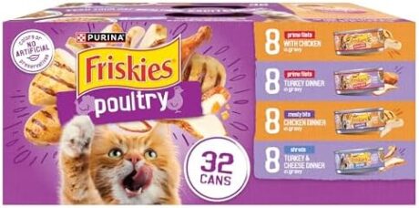Purina Friskies Gravy Wet Cat Food Variety Pack, Poultry Shreds, Meaty Bits and Prime Filets - (Pack of 32) 5.5 oz. Cans