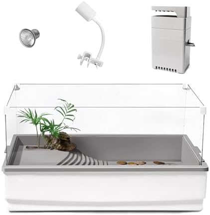 Turtle Tank Habitat, Acrylic Aquatic Tortoise Aquarium Starter Kit with Multi-Function Area, UV Basking Platform Light Lamp, Water Pump Filter, Bottom Drainage Plug for Reptile Hermit Crab Small