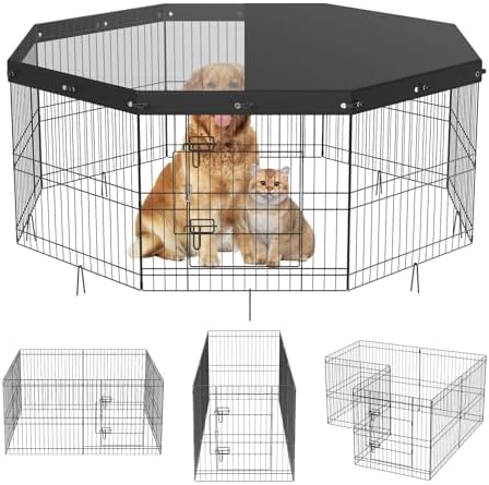 VEVOR Foldable Metal Dog Exercise Pen, Pet Puppy Playpen Yard Fence with Top Cover & Door, Indoor Outdoor 8 Panels 24" W x 24" H Dogs Crate Kennel with Ground Stakes for Small & Medium Dogs