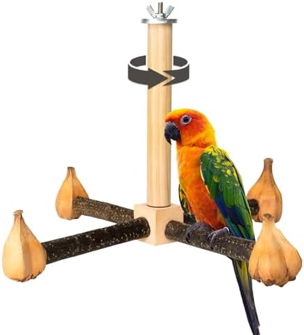 Agape Rotating Parrot Perch Toy with Chew Toy, Natural Wooden Perch Stand for Small & Medium Birds, Bird Cage Accessory with Exercise Wheel for Parakeets Cockatiels Lovebirds Conures Finches Budgies