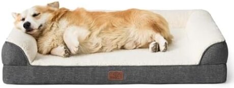 Bedsure Memory Foam Dog Bed for Medium Dogs - Orthopedic Egg&Memory Foam Dog Sofa Bed with Soft Sherpa Surface, Bolster Pet Couch with Removable Washable Cover,Waterproof Layer and Nonskid Bottom,Grey