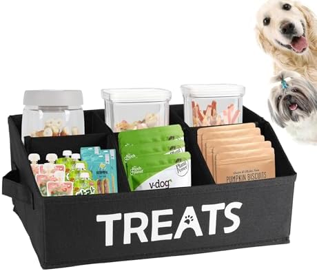 Dog Storage Organizer,Dog Treat Container Bin,Collapsible Fabric Storage Box for Pet Treats with Dividers,Dog Stuff Container for Dog Treats Stick/Canned Food/Bagged Snacks-Black
