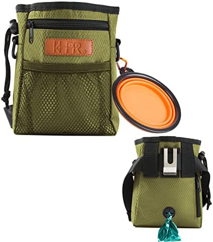 Dog Treat Training Pouch Easily Carries Pet Toys Kibble, Treats Built-in Poop Bag Dispenser 3 Ways to Wear Comes with a Foldable Silicone Bowl(Army Green)