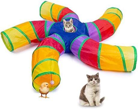EGETOTA Cat Tunnel for Indoor Cats Large, with Play Ball S-Shape 5 Way Collapsible Interactive Peek Hole Pet Tube Toys, Puppy, Kitty, Kitten, Rabbit (Multicolor)