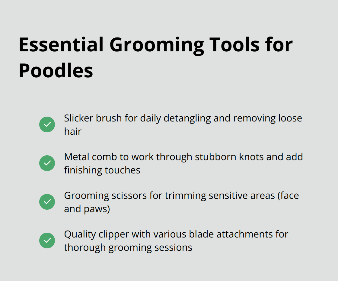 A list of four essential grooming tools for poodles: slicker brush, metal comb, grooming scissors, and quality clipper with various blade attachments.