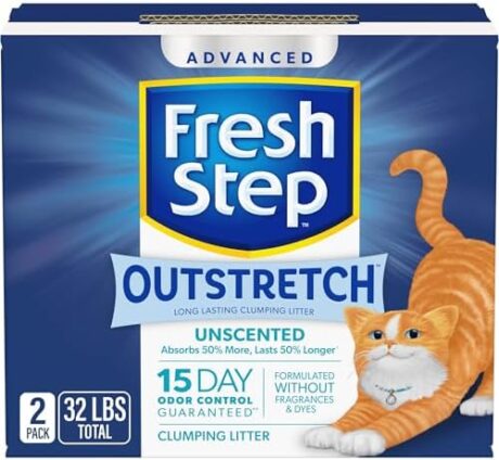 Fresh Step Outstretch Advanced Long Lasting Clumping Litter Simply Unscented, Activated Charcoal Litter Lasts 50% Longer, 32 lbs. (2 x 16 lb. Box)