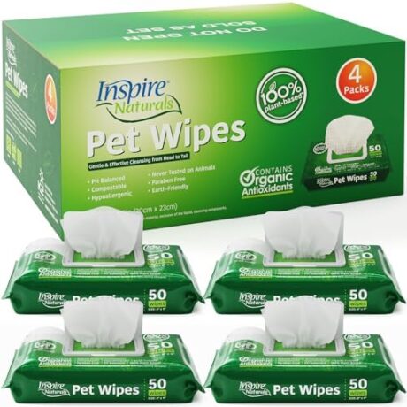 Inspire Naturals Pet Wipes for Dogs and Cats 100% Natural Plant Based with Organic Antioxidants, Dog Wipe Cleaning Deodorizing | Cat Wipes | Puppy Wipes | Dog Wipes for Paws and Butt (200ct - 4 Pack)