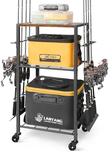 Olakee Fishing Rod Holder, Fishing Pole Holders for Garage Boat Home Entryway Fishing Gear Storage with Tackle Cart Ideal Gift for Men Dad Anglers Corner Design for Rods and Equipment Organizers