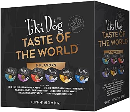 Tiki Dog Taste of The World Whole Food, Variety Pack of Gourmet International Flavors in Broth, Culinary Inspired High Protein and Moisture Rich Superfoods Wet Dog Food, 3 Oz Cups, Pack of 10