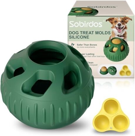 2pcs Dog Chew Toys with Silicone Tray Mold,Frozen Dog Food Snack Balls,Dog Treat Molds Silicone,Freezable Fillable Rubber Dog Toys,Green Balls and Yellow Molds