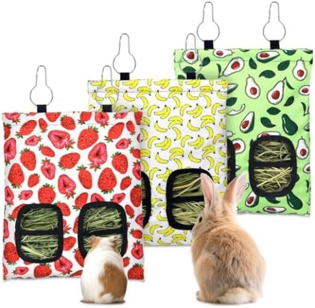 3 Pcs Rabbit Hay Feeder, 2-Hole Hanging Guinea Pig Hay Bags Washable Bunny Hay Bag for Rabbits, Chinchillas, Hamsters, Small Pets and Animals (11.8"×8.7")