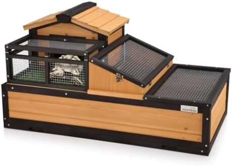 3-Room Large Tortoise Habitat with Pull-Out Tray, Wooden Tortoise Enclosure Indoor & Outdoor with Ramp, Grass Mat, Openable Roof, Luxurious Reptile Enclosure for Small Animals, Yellow