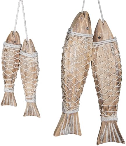 4 Packs Wooden Fish Sculpture for Wall Art, Nautical Hand Carved Wood Fish Decor with Fishing Net for Lake House Beach Theme Wall Home Decoration (Natural, Wood)