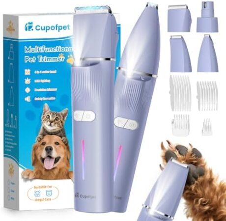 4 in 1 Dog Clippers Grooming Kit with LED Light, 2025 Upgraded Low Noise Dog Paw Trimmer Nail Grinder Grooming Clippers, 2-Speed Professional Pet Hair Trimmer Face Shaver for Paw,Nail,Body (Purple)