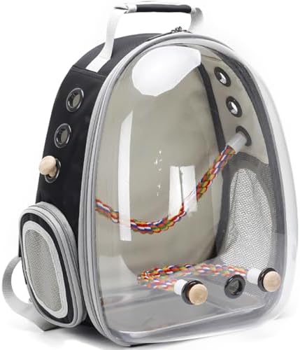 Bird Traval Carrier Cage, Clear Space Capsule Astronaut Backpack to Carry Parakeet Cockatiel Parrot with Metal Tray Wood Perch, Vet Transport School Bag