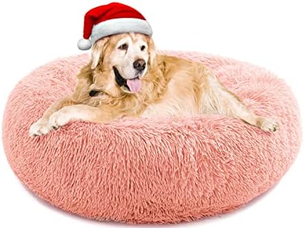Calming Anti-Anxiety Donut Dog Bed - Plush Faux Fur, Machine Washable, 36x36inch Pink