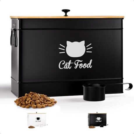 Cat Food Storage Container with Scoop - 15 lb (50 Cup) Capacity Metal Cat Food Container with Airtight Bamboo Lid & Metal Scoop - Airtight Pet Food Storage Containers - 15 lb Treats & Kibble Container