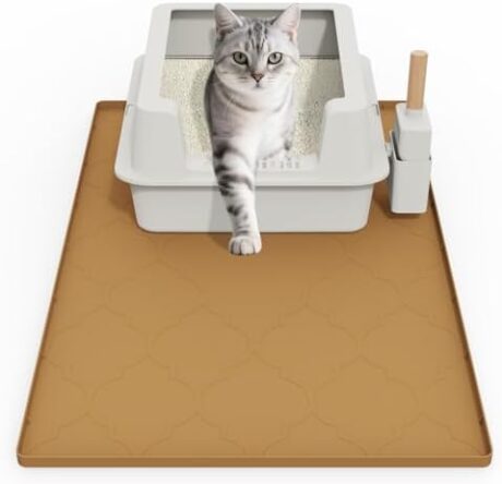 Cat Mat for Litter Box, 34" X 22" Large Silicone Cat Litter Trapping Mat, Easy Clean for Scatter Control, Soft on Kitty Paws, Waterproof, Urine-Proof, Non-Slip Kitty Litter Mat for Floor, Brown