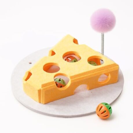 Cat Puzzle Toy with Balls & Spring Teaser – Felt Cat Toy Box for Indoor Cats, Suction Cup Base, Treat Puzzle for Solo Play, Mental Stimulation, Self Play, Hunting & Enrichment (Yellow)