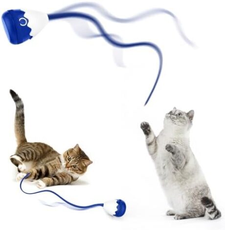 Cat Wand Toy, Automatic Silicone Tail Teaser Toy 2 in 1, Electronic Interactive Toy for Indoor Cats, Rechargeable Exercise Toy for Kitten-Navyblue