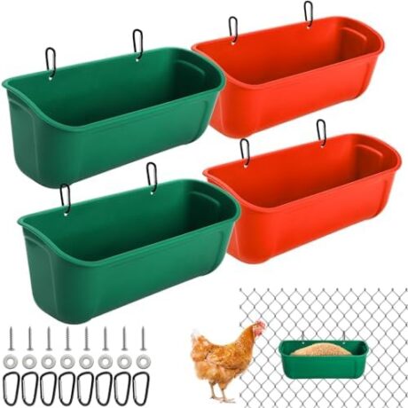 Cedilis 4 Pack Hanging Duck Feeder, Chicken Fence Feed Trough with Clips, Poultry Livestock Food Water Feeding Container for Goat, Goose, Rabbits, Sheep, Each Feeder 2.5 Quarts