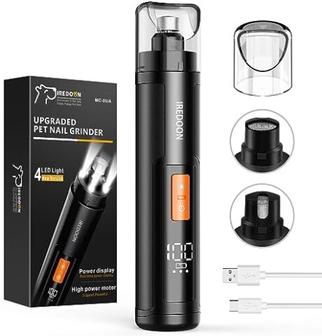 Dog Nail Grinder, Powerful 3-Speed Pet Nail Grinder with 4 LED Lights for Large Dogs & Puppy, Quiet - Rechargeable Dog Nail Trimmer with Dust Cap (Black)