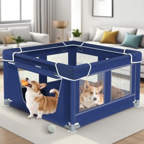 Dog Playpen, 42×42 Inch. Puppy PlayPen with Gate for Puppies,Oxford Cloth Tear Resistant Fabric. Pet PlayPen with Roof for Outdoors & Indoors. Anti-Tipping. Zipper Door. Ideal for Dogs and Cats