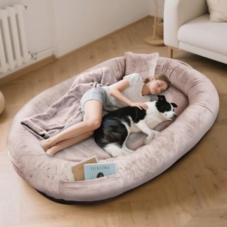 FURRYFECTION Human Dog Bed 71" x 45" x 14", Human-Sized Large Dog Bed Fits Adults and Pets, Washable Faux Fur Cover Giant Beanbag Bed, Napping Orthopedic Beds with Blanket and Pillow, Camel