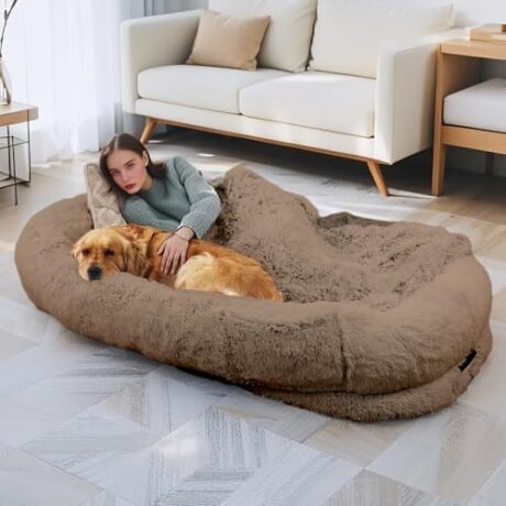 Human Dog Bed - Extra Large Dog Bed for Humans,67''x37''x10'' 、 Giant Cuddle Pillow Pet Lounger, Super Soft Plush Orthopedic Floor Cushion for Adults, Kids, Pets - Washable Cover, Khaki.